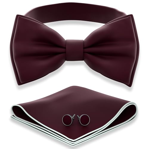Adam Young Boy's Maroon Bow Tie with Handkerchief & Cufflinks Pre-Tied Style Formal Satin Classic Bowtie for Tuxedo Faux Silk (Medium, Wine Red)
