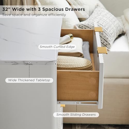 Image of T4TREAM Fluted 3 Drawer Dresser, 32 inch Tall Modern Chest of Drawers with Faux Marble Top, Curved Profile Design, Wood Drawer Organizer for Bedroom, Living Room, Hallway, Entryway, Solid White