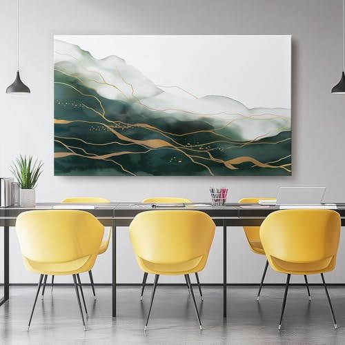 Sans Cadre Décoration Salon Lignes De Montagne À L'Aquarelle Impression sur Toile, 120 x 40 cm Image Tableau Decoration Murale Chambre Horizontal Art Wall Grand Tableaux Decoratifs Muraux, Vert Foncé