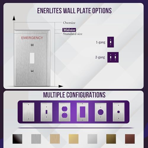 Image of ENERLITES Toggle Light Switch Metal Cover Plate with Emergency Label, Stainless Steel Wall Plate, Corrosion Resistant, Mid-Size 1-Gang 4.88 inch x 2.11 inch, 430 Stainless Steel, 7711M-E, Silver | Emergency label for safety; Mid-size 4.88 inch x 2.11 inch; Rust-proof stainless; Ideal for commercial use; 7711M-E
