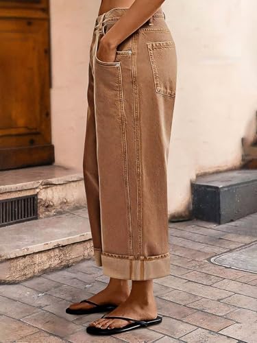 Flamingals Wide Leg Cropped Jeans for Women Mid Rise Boyfriend Jean Baggy Roll Hem Layered Pocket Casual Pants2