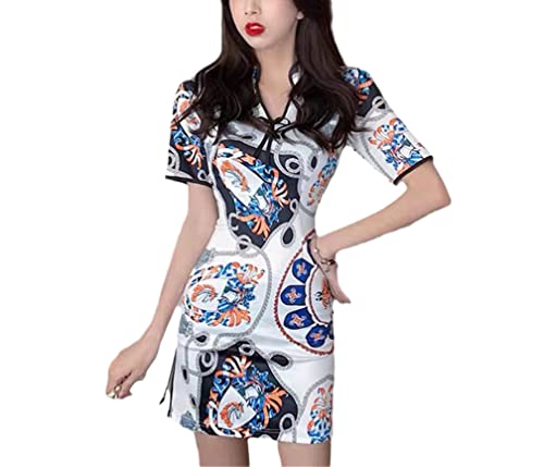 Robe de mariee Qipao coupe ajustee grande taille XXL motif fleurs bleues