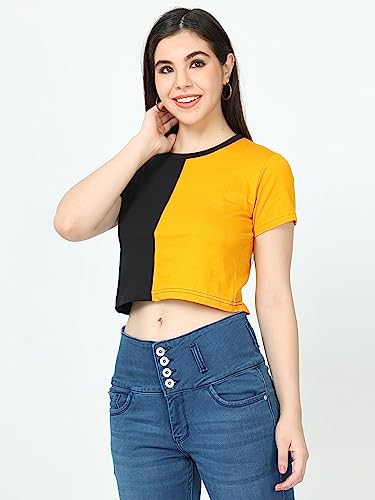Image of FLEXIMAA Women's Cotton Plain Round Neck Half Sleeve Crop Top