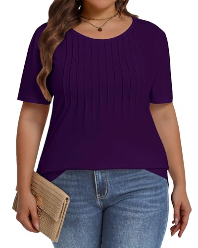 Image of Plus Size Tops for Women Pleated Summer Top Trendy Short Sleeve Shirts Casual Basic Tee Crew Neck Blouses 2026