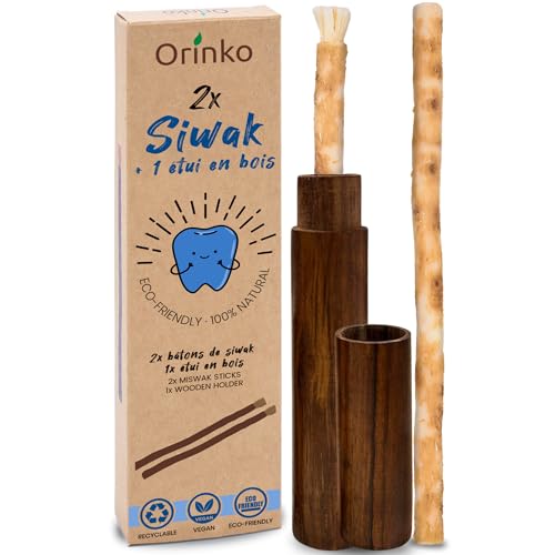 ORINKO® Miswak Natural x2 con Estuche de Madera - Cepillo de Dientes Ecológico para Blanqueamiento Dental - Raíz de Salvadora Persica para Higiene Bucal - Alternativa Cero Waste y Vegana