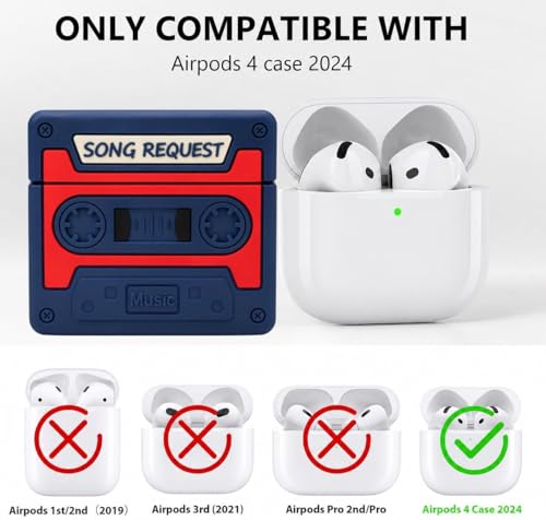 Image of Emoh Roced Case for AirPodS 4 (2024) with Keychain (ANC), Cute Cartoon Shockproof Protective Cover Compatible with Apple AirPods 4th Generation 2024 for Women and Boys (Casette Blue)