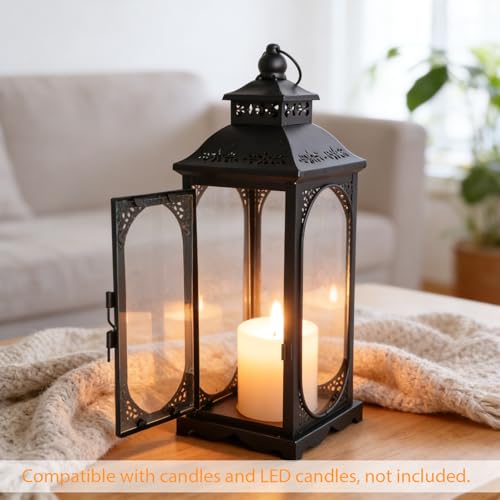 Laterne Schwarz für Kerzen Deko, 35 cm Gartenlaterne Metall für Draußen, Windlichter Outdoor, Grablaterne Friedhof Wetterfest Laternen Vintage für Drinnen Garten Terrasse Halloween Weihnachten