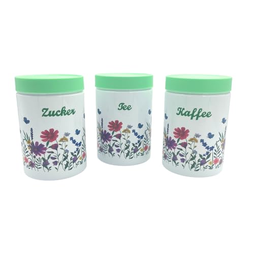 Basilico® 3er-Set Vorratsdosen mit Deckel - Aufbewahrung für Tee, Kaffee & Zucker – Bunte Küchendosen Set 3 Stück, Aufbewahrungsdose luftdicht für Küche & Vorratsregal – 1000ml Fassungsvermögen, H15cm