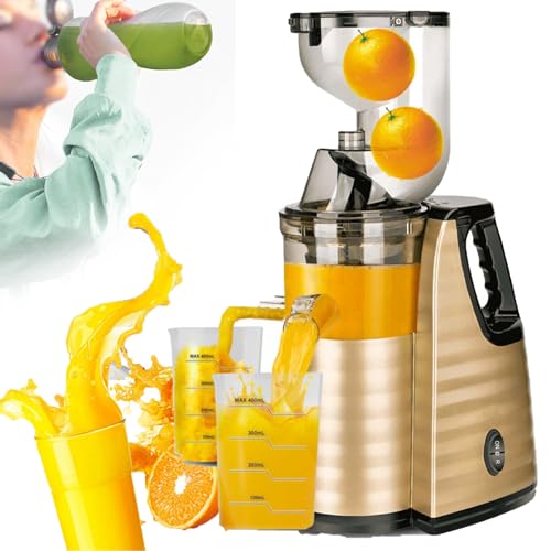 QIeAny Spremiagrumi Domestico A velocità Lenta per La Separazione del Succo, Processore Elettrico per Succhi di Frutta E Verdura Calibro 8CM, Spremiagrumi Centrifugo Fresco 150W + 24×17×43 CM,Gold
