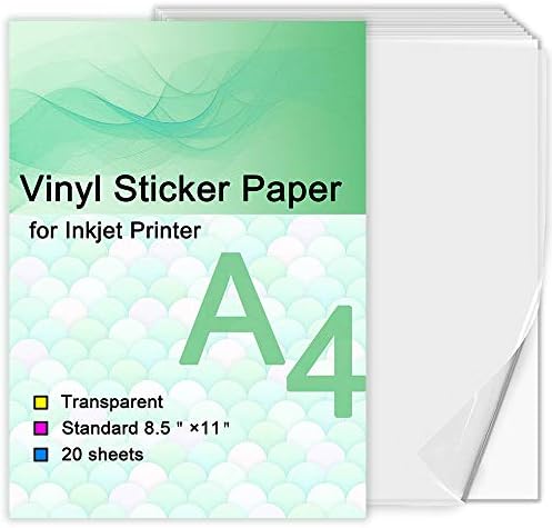 Printable Vinyl Sticker Paper for Inkjet Printer - Transparent Clear - 20 Self Adhesive Sheets - Waterproof Decal Paper - Standard Letter Size 8.5"x11" (20 sheets, transparent)