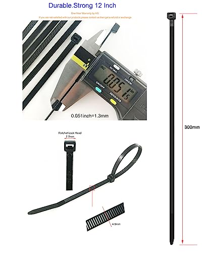 Image of HS 12 Inch Black Zip Ties 1000 Bulk Pack,Nylon Cable Ties 50 LB Strong Wire Tie Wraps Black UV Outdoor Purpose