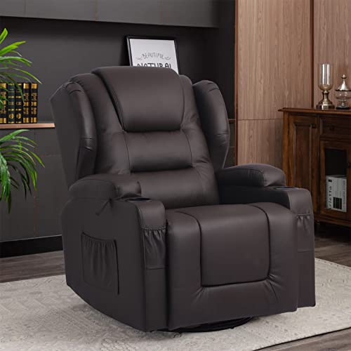 Vuyuyu Manual Recliner Chair, Faux Leather 360 Degree Swivel Rocker Recliner Chairs For Living Room, Home Theater Single Sofa Seat With Drink Holders/Lumbar Pillow/Side Pockets (Brown) Xp7066 #TOP2
