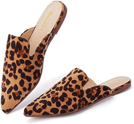 BISON SPIRIT Mules for Women Flats Pointed Toe Slip On Slides Loafer Shoes (Leopard Suede,7.5)