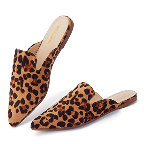 Bison Spirit Mules For Women Flats Pointed Toe Slip On Slides Loafer Shoes (Leopard Suede,7.5) #TOP24