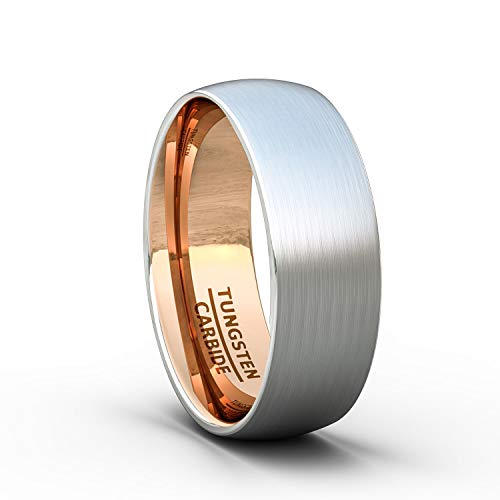 Duke Collections Mens Wedding Band 8Mm Matte Brushed Tungsten Ring Rose Gold Inside Dome Shape Comfort Fit (13) #TOP2