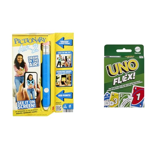 Mattel Games   Pack 2 juegos de mesa   Pictionary Air 2.0 (HNT74) + UNO Flex (HMY99) . Juego de mesa familiar, ve lo que dibujas en pantalla. Juego de cartas con cartas para cambiar el color. +7 años