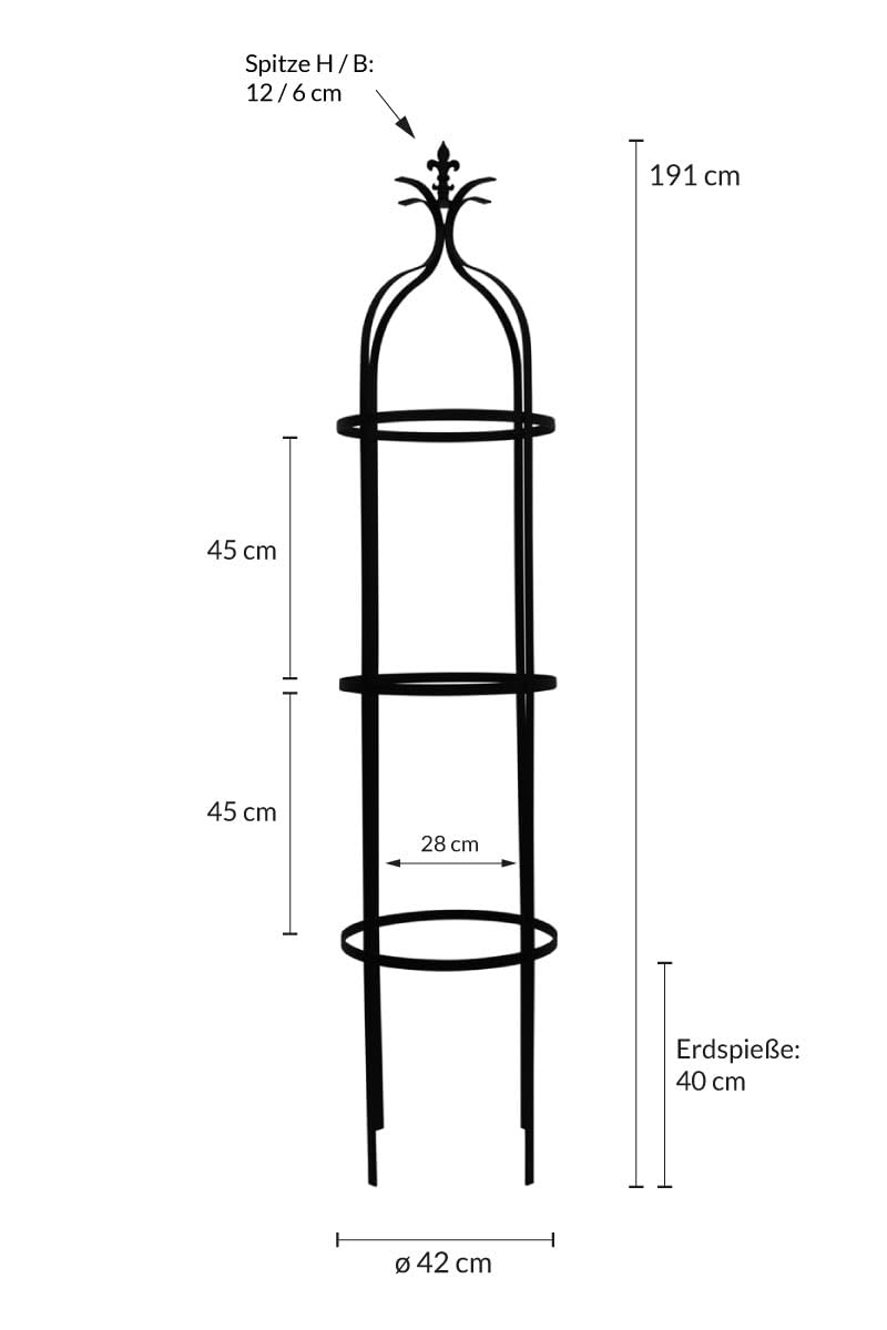 KUHEIGA Stabile Rankhilfe Metall H: 195cm Ø: 41cm Rankgerüst Obelisk Verzinkt