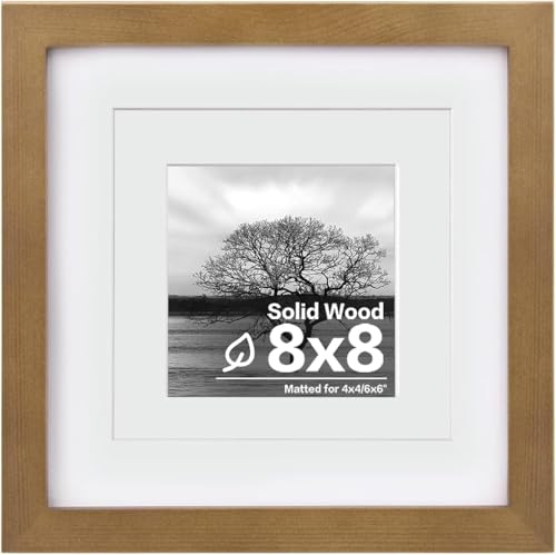 Egofine 8x8 Picture Frame, Made of Solid Wood with Plexiglass, for Tabletop and Wall Hanging Display Picture 4x4/6x6 with Mat or 8x8 Without Mat, Light Brown