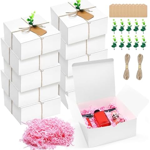 Gift Boxes Set 10 Bridesmaid Proposal Boxes 8 x 8 x 4 In Bridesmaid Proposal Gifts, 10 Kraft Paper Gift Tag, 10 Plastic Eucalyptus Leaves Stems and 200g Cut Paper Shred Filler Cover