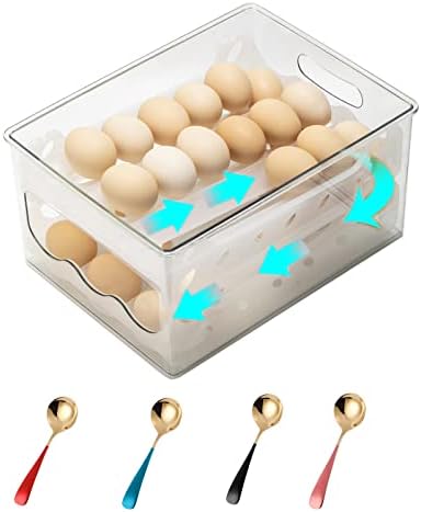 WATERMOON Egg Holder For Refrigerator – Egg Storage Container For Refrigerator Egg Drawer For Refrigerator Egg Dispenser For Refrigerator Gravity Fridge Egg Holder With 4 Colorful Spoons(Clear)