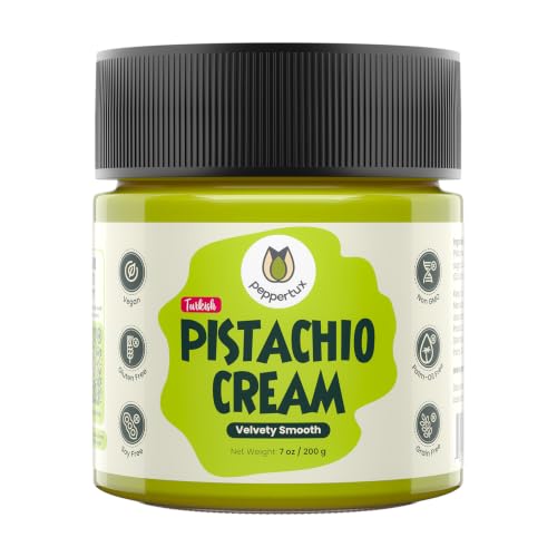 Peppertux Pistachio Cream - Natural Vegan Spread 40% Pistachio Paste for Baking, Cake, Ice Cream, Cookie & Desserts - High Protein Turkish Pistachios Flavoring - Gluten-Free, Unrefined Sugar (7oz)