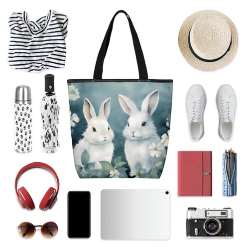 Bunny Rabbit Canvas Tote Bag for Women Large Tote Bag with Zipper & Pockets Canvas Beach Bag Shoulder Bag Reusable Shopping Bags Cute Tote Bags for Work Travel 5