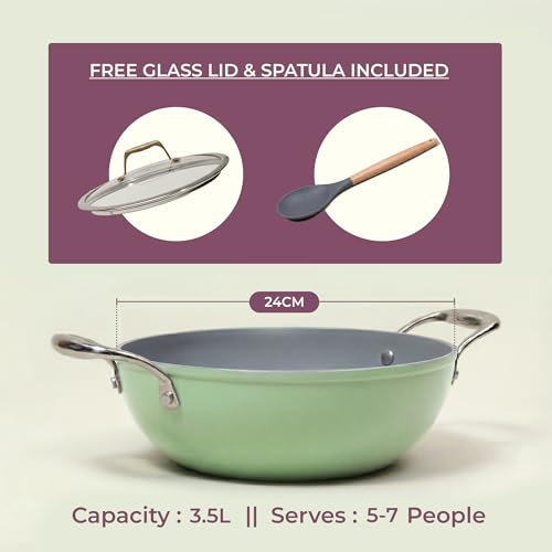 Image of Asai Ceramic Non Stick Kadai 26cm (3.5L) with Glass Lid & Spatula | Green | Swiss Ceramic Coating | Gas & Induction Compatible | Stay-Cool Handles | Lab-Tested | 100% Toxin Free | Silicone Spatula