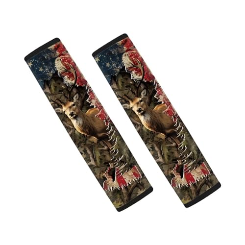 Image of AFPANQZ American Flag with Deer Car Safety Seat Belt Cover 2 Pack Truck Vans Sedans SUVs Seat Belt Pad Cushion Comfortable Shoulder Protectors Cover Cushion