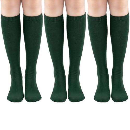 Topbuti 3 Pairs Cotton Knee High Tube Socks School Uniform Athletic Sports Baseball Soccer Socks for Girls and Boys (Dark Green)
