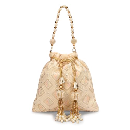 Image of LONGING TO BUY Indian Embroidered Pearl Potli Bag For Women, Sequence Design with Tassel, Wedding Potli Bags