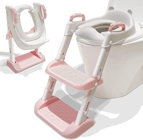 Potty Training Seat with Step Ladder - Toilet Chair for Toddlers Learning, Comfortable, Safe, Anti-Slip Pads with Handles, Cushion and Splash Guard, Adjustable Height, Foldable Stool - Pink