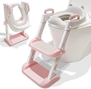 Potty Training Seat with Step Ladder - Toilet Chair for Toddlers Learning, Comfortable, Safe, Anti-Slip Pads with Handles, Cushion and Splash Guard, Adjustable Height, Foldable Stool - Pink