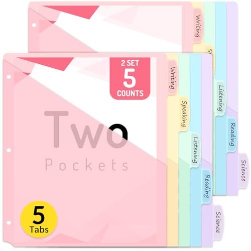 Forvencer 10 Count Dividers with Pockets, 5 Tabs Dividers for 3 Ring Binder with Pockets, Subject Divider with Pocket, Premium Quality Notebook Divider with Pocket, Pink, 2 Sets