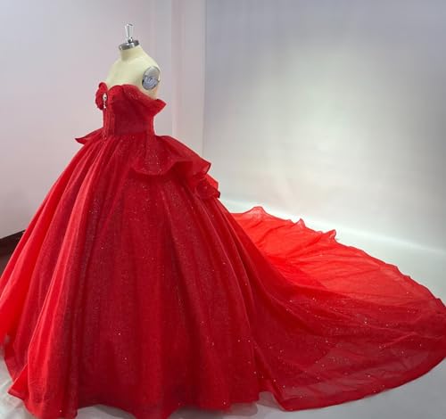 Puffy Tulle Long Quinceanera Dresses Ball Gown Off Shoulder Sweet 16 Dresses with Train Sweetheart Evening Gown4
