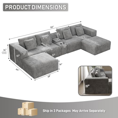 Image of 151 inch Oversized U Shaped Cloud Couches for Living Room, Fluffy Large Modular Sectional Sofa Set with Ottoman Chaise Comfy Corduroy Light Grey Boneless Couch with Cup Holder USB Port