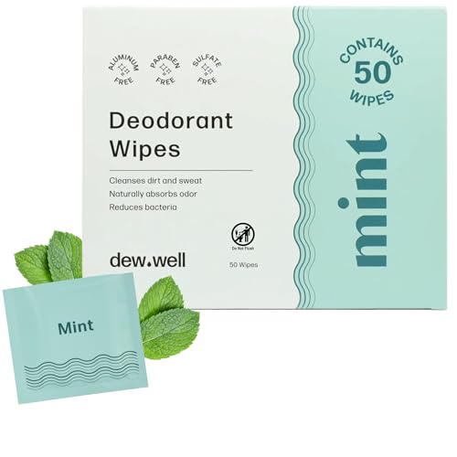 Dew Well Deodorant Wipes - Individually Wrapped Armpit Wipes & Purse Essentials - Sweat-Blocking Mini Deodorant - Compact Tissue Packs & Travel Accessories - 50 Count, Mint