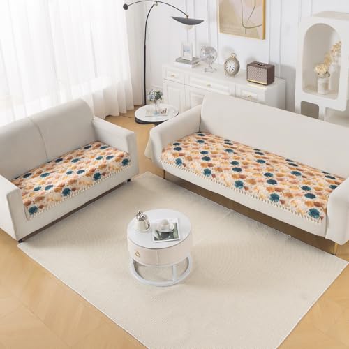 Image of HOKIPO Boho Wildflower Quilted Sofa Cover 5 Seater Set with Tassels - Washable 3+2 Sofa Cover Mat |'Tassel Twigs' Series (IN-985-T11 + IN-983-T11)