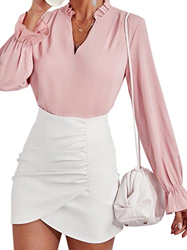 Lyaner Women's Ruffle V Neck Solid Long Sleeve Chiffon Blouse Shirt Top Pink Medium #TOP4