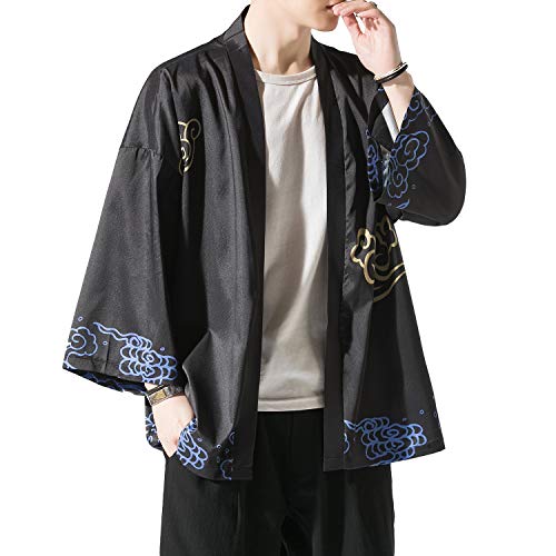 Image of Men's Japanese Kimono Robe Jacket Lightweight 3 /4 Sleeve Open Front Yukata | Silky Smooth Fashion Print Happi Coat Lightweight Breathable Loose Unisex Haori Casual Summer Cardigan Daily Beach Vacation