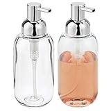 mDesign Round Plastic Refillable Liquid Soap Dispenser Pump Bottle for Bathroom Vanity Countertop, Kitchen Sink - Holds Hand Soap, Dish Soap, Hand Sanitizer, Essential Oils - 2 Pack - Clear/Chrome