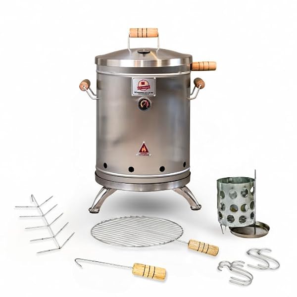 (16 Pound) 2-in-1 Smoker Barrel Vertical Grill - Premium 304 Stainless Steel - Barril Charcoal BBQ Thermometer & Ventilation - Cooking Accessories Meat Kit - Portable Outdoor, Camping - QUE ASADOR by Que Asador - Used condition - US$301.91