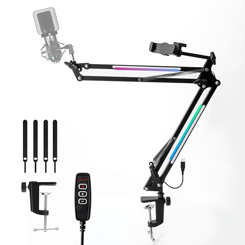 Image of Cezo RGB Overhead Boom Arm Stand For Microphone with Mobile Phone Holder and 7 Colour Modes |Suspension Boom Scissor Microphone Arm Stand for Studio Recording Broadcasting and Gaming