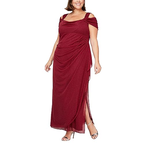 Image of Plus Cold Shoulder Glitter Mesh Dress with Draped Skirt & Cowl Neckline