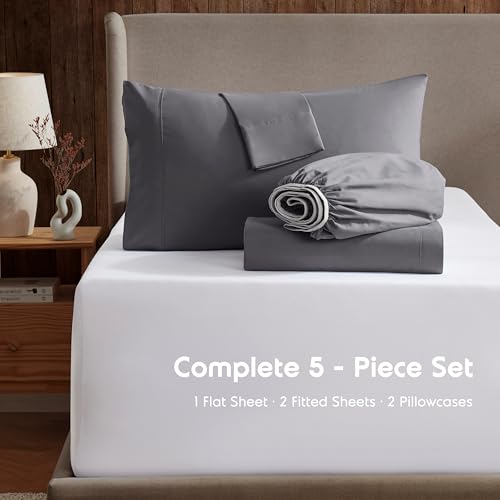 Image of Nestl Split King Bed Sheet Set - Dark Grey - 5-Piece Deep Pocket | Instantly Soft, Night-One Ready (No Wash Required). Fits 16-Inch Deep Pockets, 360-Degree Elastic Grip
