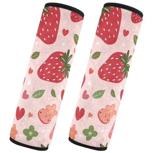 Image of Red Hearts Strawberry Seat Belt Cover Pad 2 Pcs Soft Cute Seatbelt Covers Protector Support Head Neck Shoulder Strap for Car Seats High Chair Backpack for Adults Kids Women Men 10x7.7In 2 Pack