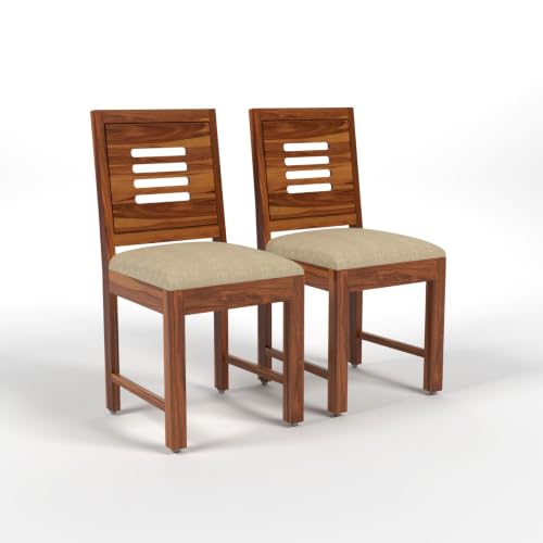 Image of Solid Sheesham Wood Dining Chair Set of 2 for Living Room & Dining Room | Wooden Chairs with Upholstered Cushion Seat