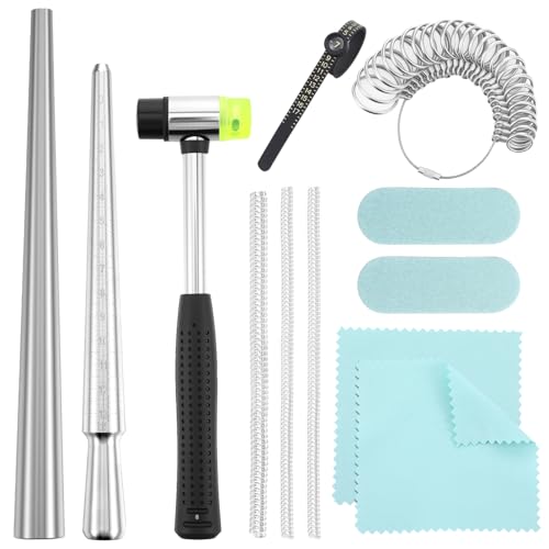 12 Pcs Ring Sizing and Repair Kit Rings Mandrel Metal Shaper Kit to Fix Bent Rings Reshaper Tool Women Mens Ring Size Fixer Repair Set Jewelry Mandrel and Mallet