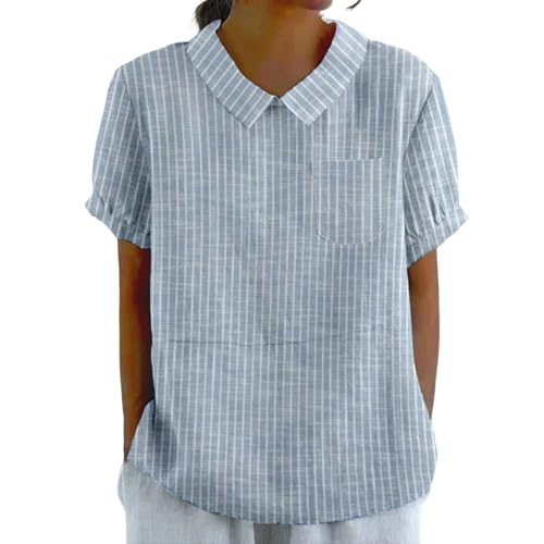 Damen Gestreifte Leinen Kurzarm Bluse mit Bubikragen und Brusttasche Atmungsaktiv Casual Stylisch Hemd, hellblau, M