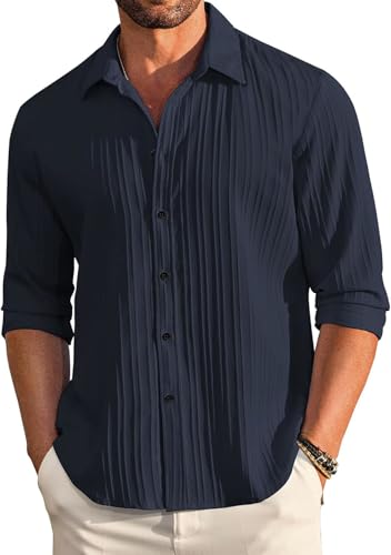 Image of DEELMO Men's Casual Button Down Shirts Long Sleeve Linen Shirt Fashion Textured Beach Summer Shirt