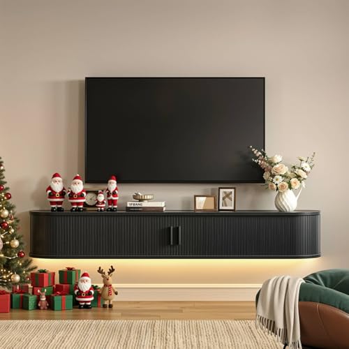 63" Floating TV Stand with Power Outlet for TVs up to 75", Fluted Entertainment Center with Remote Control for LED Lights, Mid-Century Modern TV Console w/Sliding Door for Living Room, Bedroom Walnut